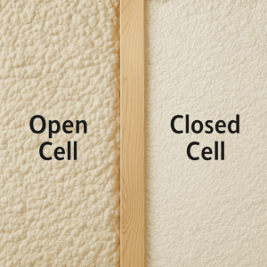 Side-by-side comparison of open-cell and closed-cell spray foam insulation applied between wooden studs.